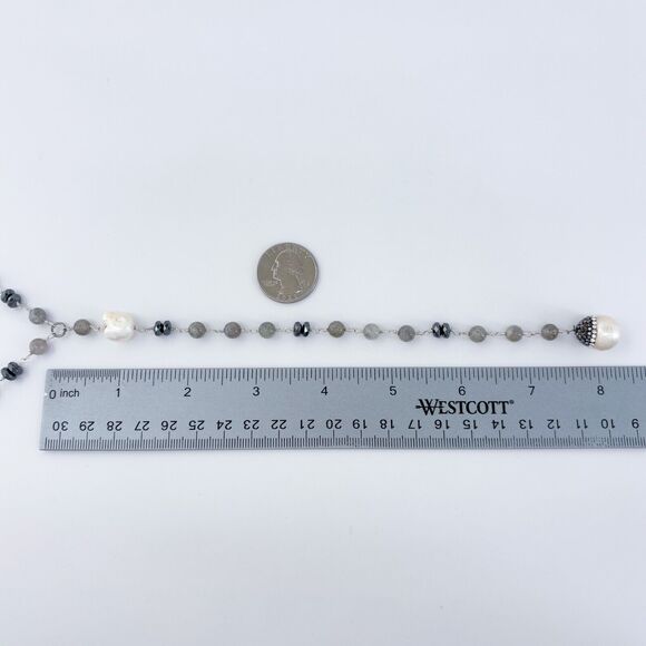 Vintage Sterling Silver 925 Labradorite, Hematite, Pearl Drop Necklace 20.5" - Picture 5 of 5